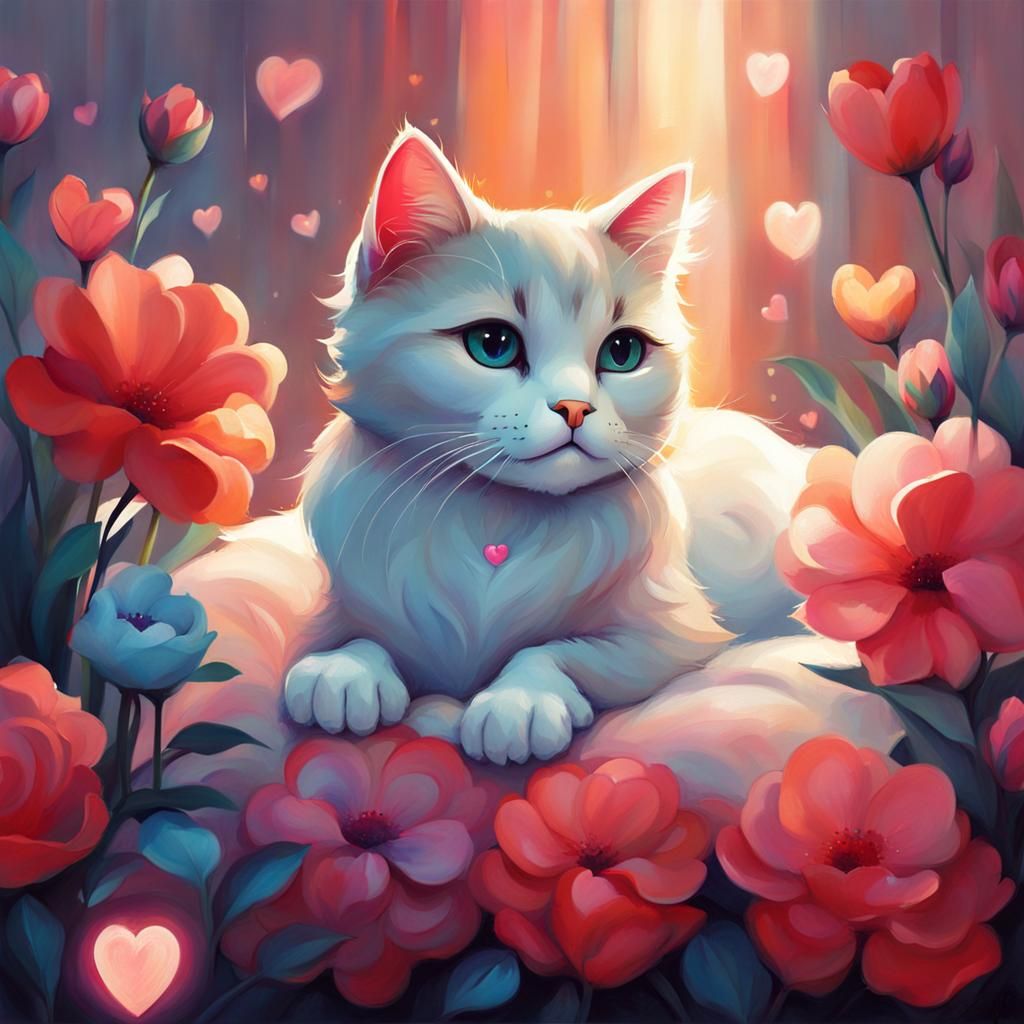 Cute Cat Surrounded by Flowers in Digital Art Style