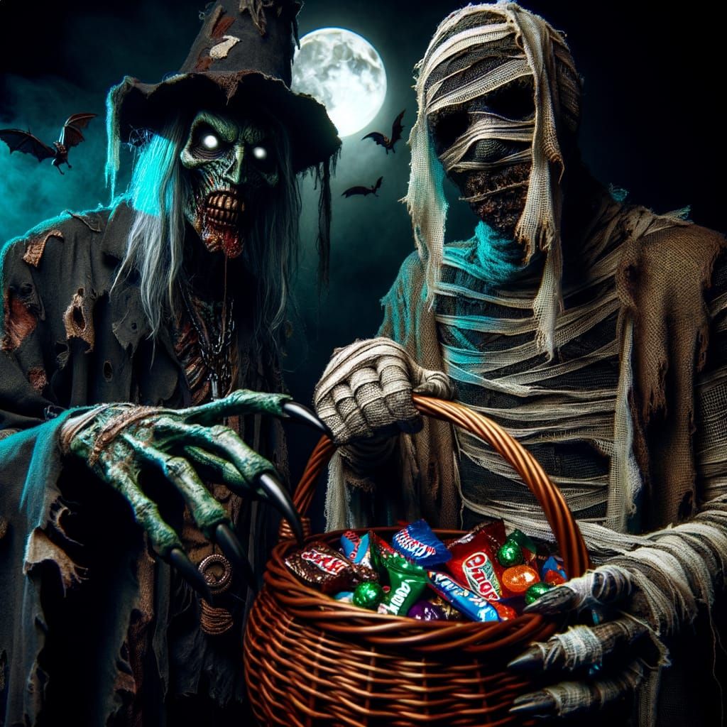 Spooky Halloween Scene with Zombie and Mummy Collecting Cand...