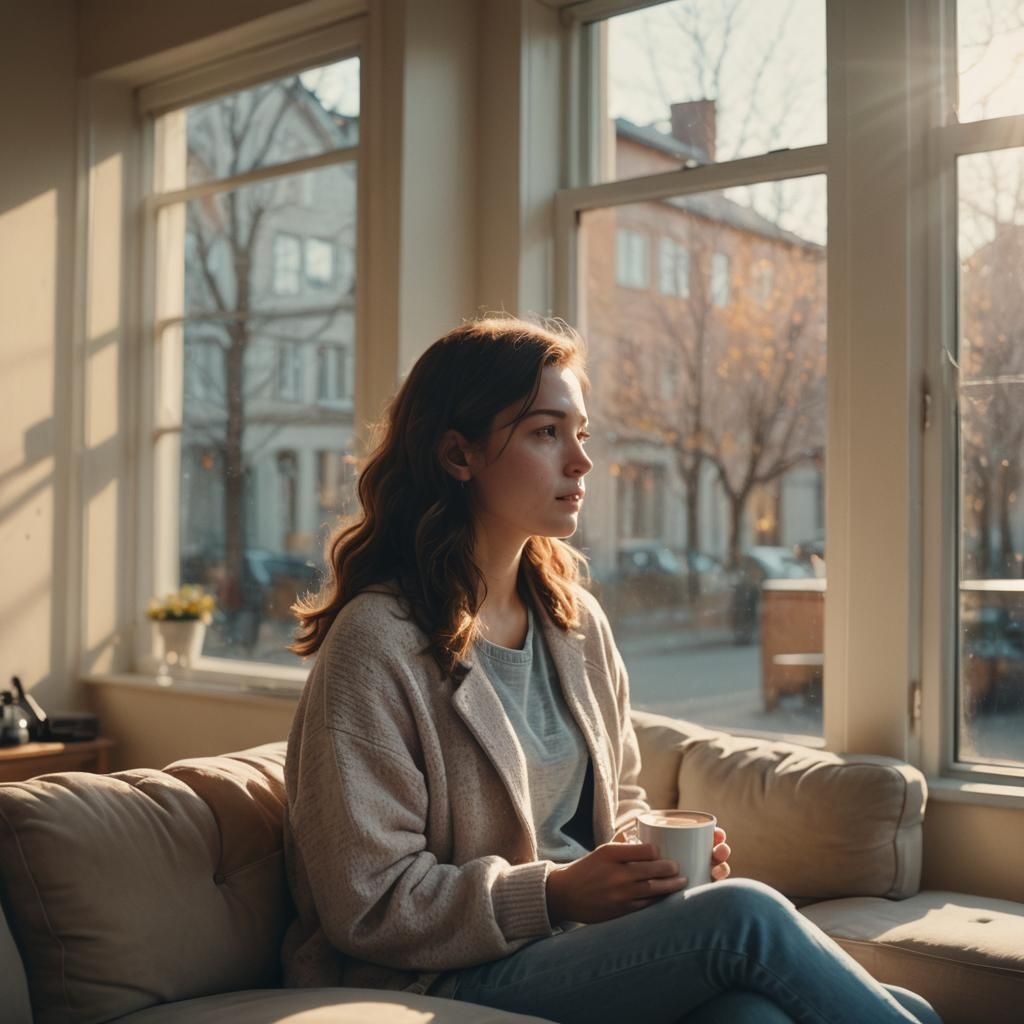 Pensive Woman with Coffee: Cinematic Film Still