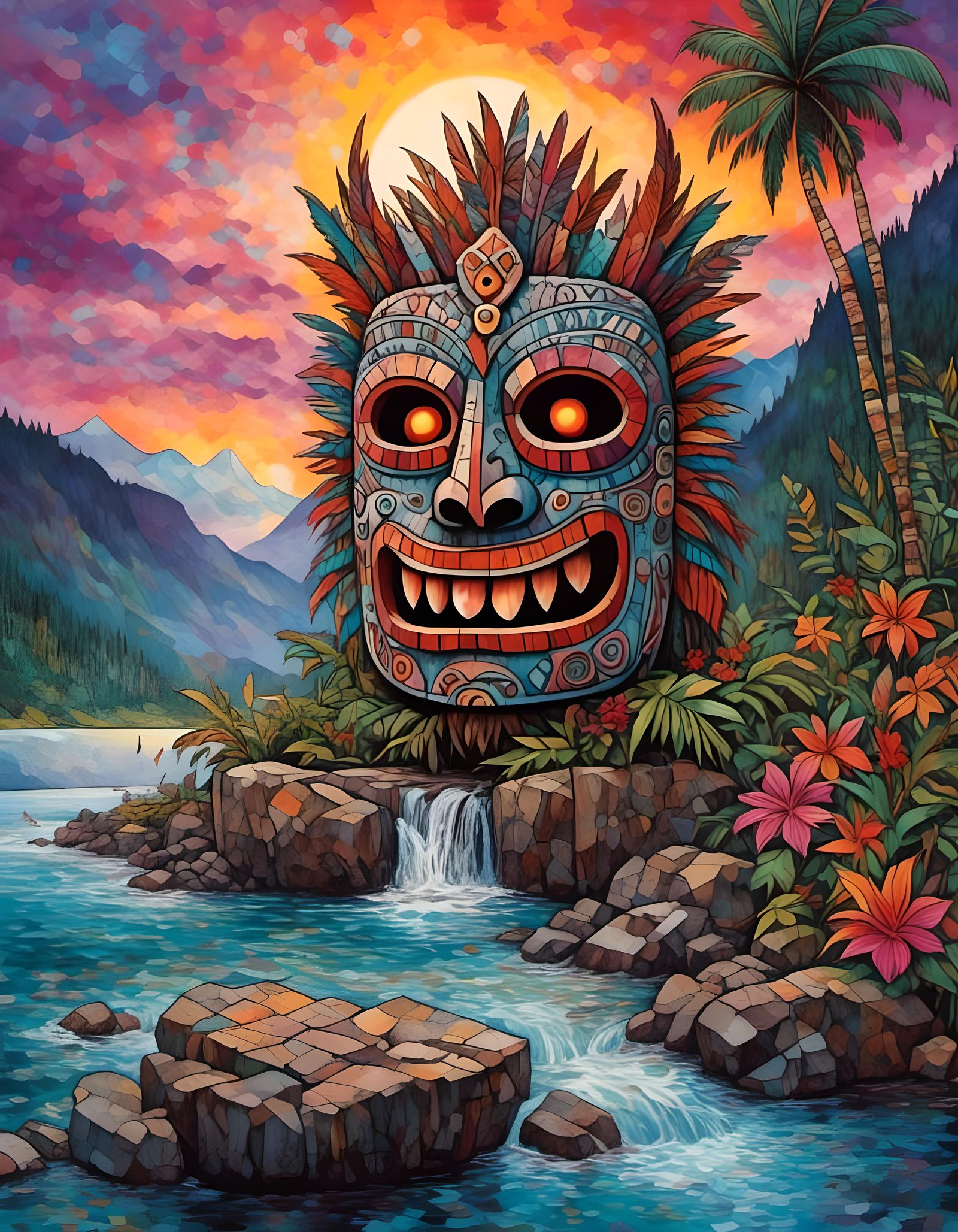 Tropical Paradise with Tiki Mask at Sunset