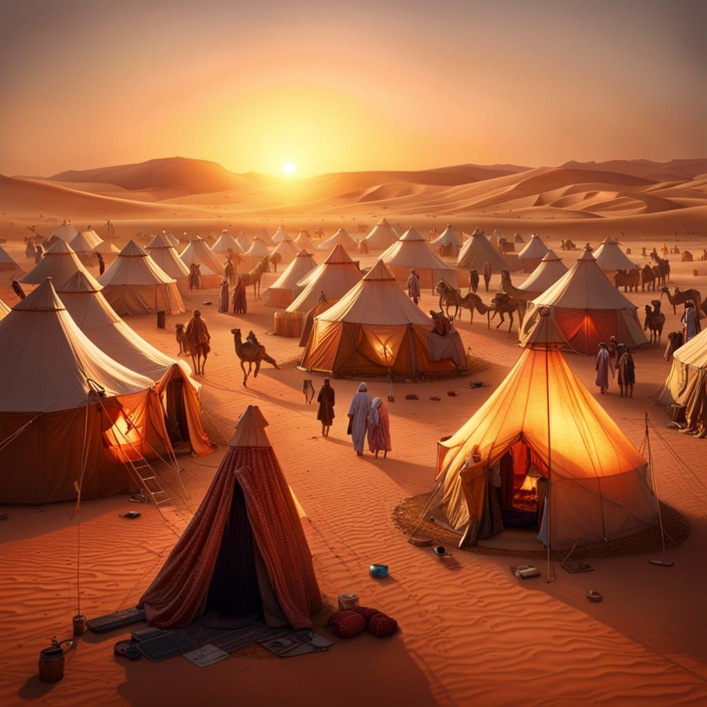 Sahara Sunset: Bedouin Camp in Hyperrealistic Detail