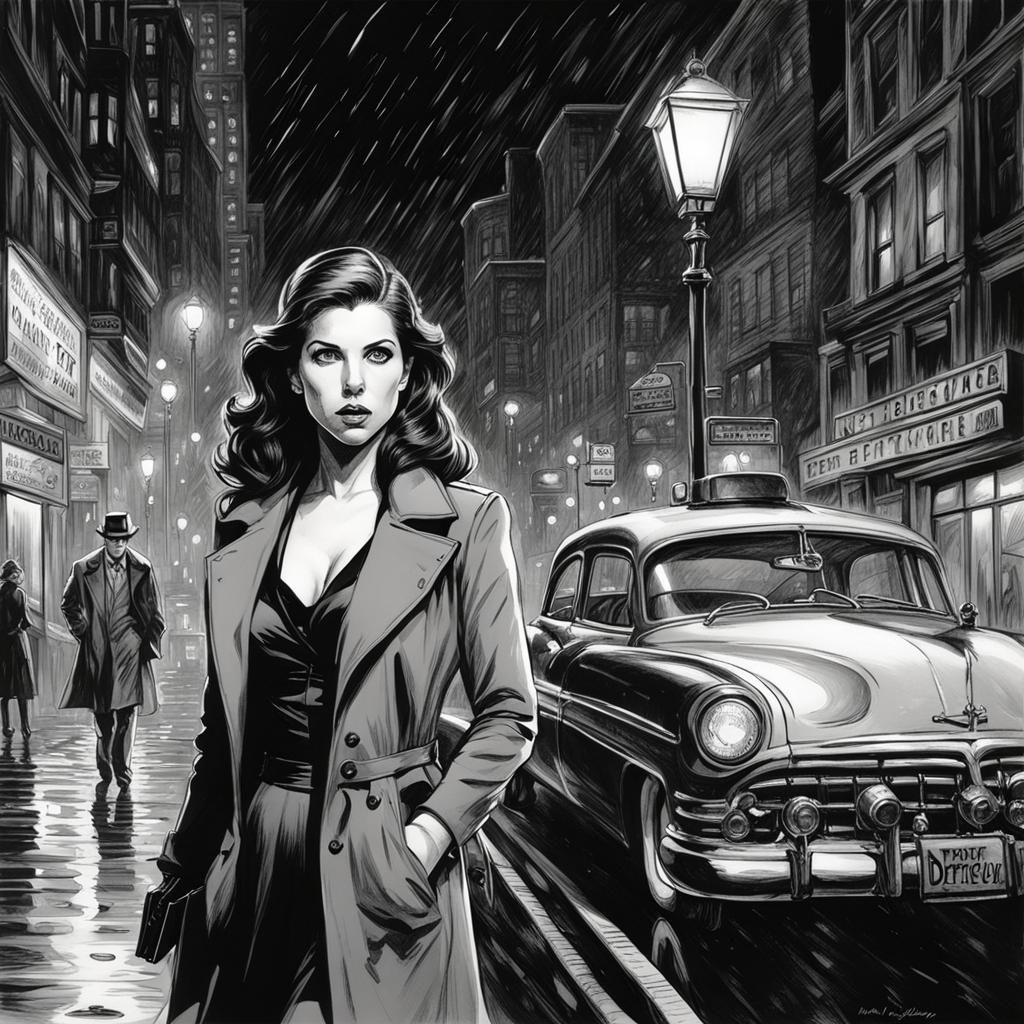 Film Noir Detective in Rainy City Street