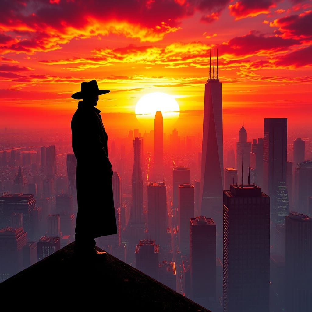 Silhouetted Figure Against Vibrant City Sunset