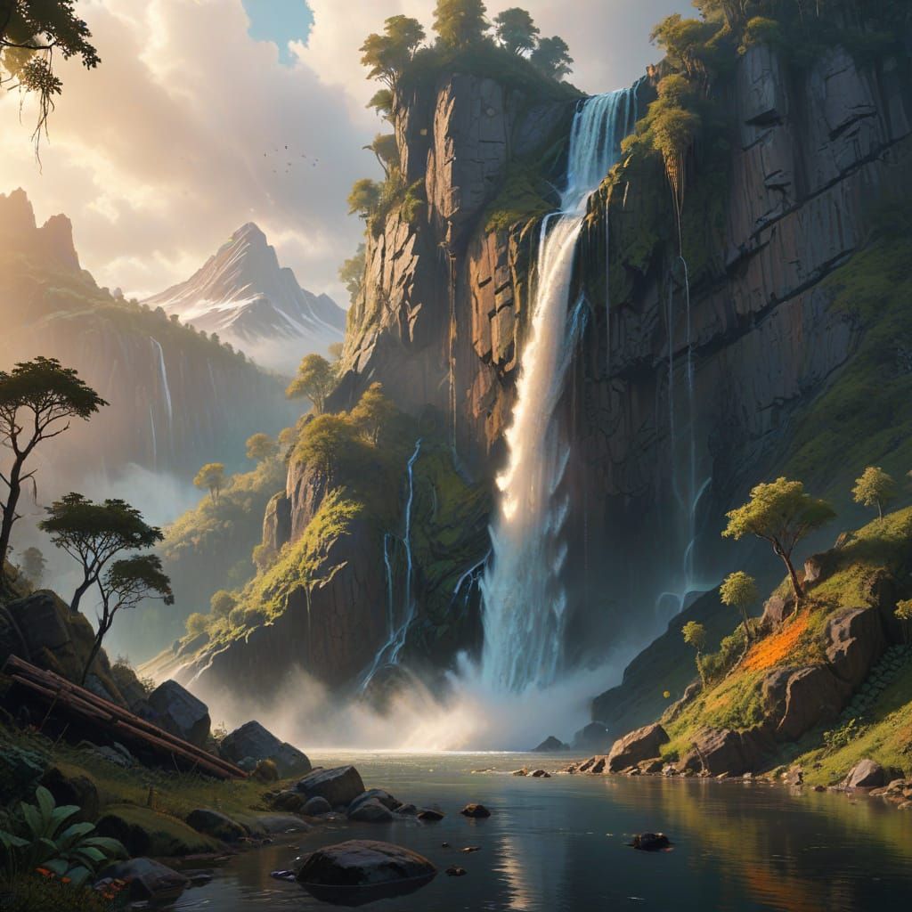 Majestic Waterfall in a Serene Mountain Lake Landscape