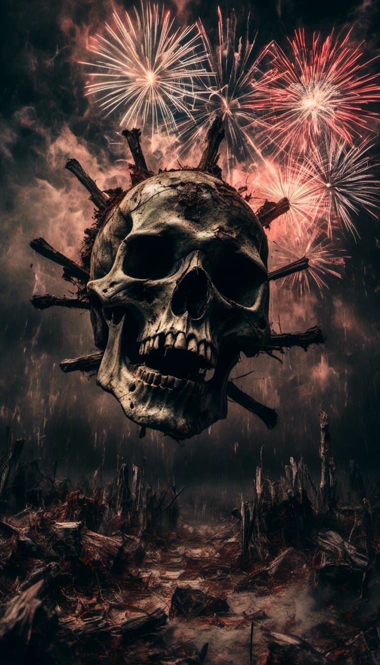 Fireworks Form Skull in Night Sky