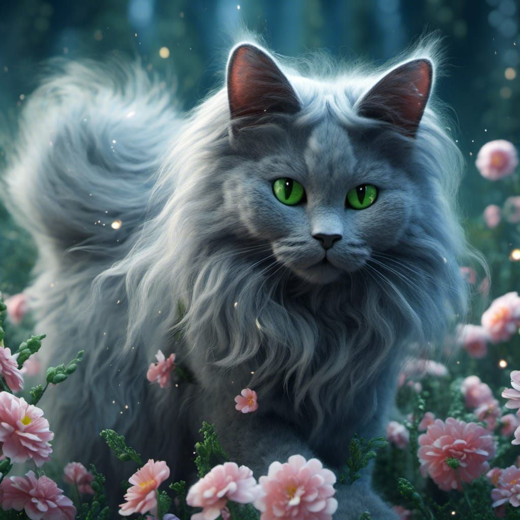 Russian Blue Cat with Flowing Fur