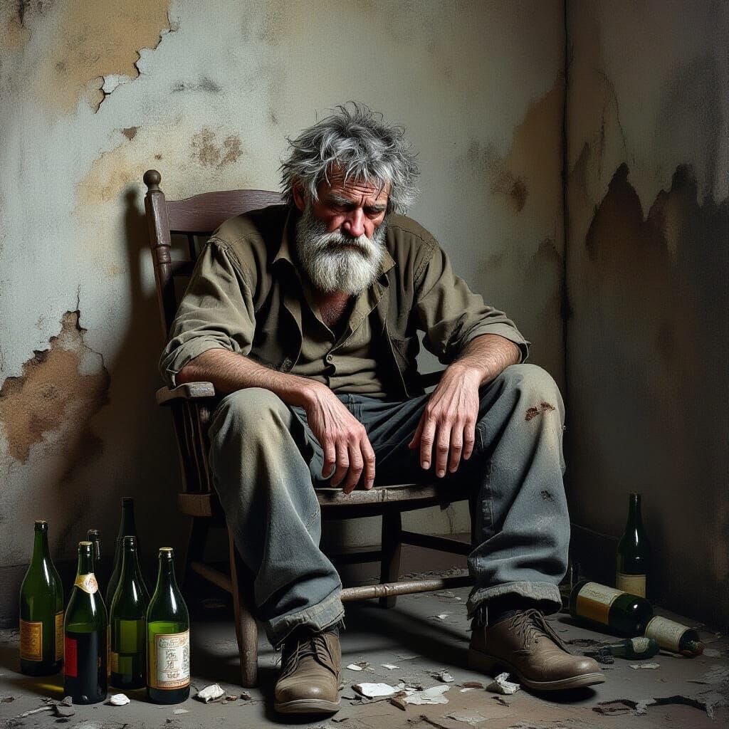 Exhausted Old Man in Decayed Room: Digital Painting