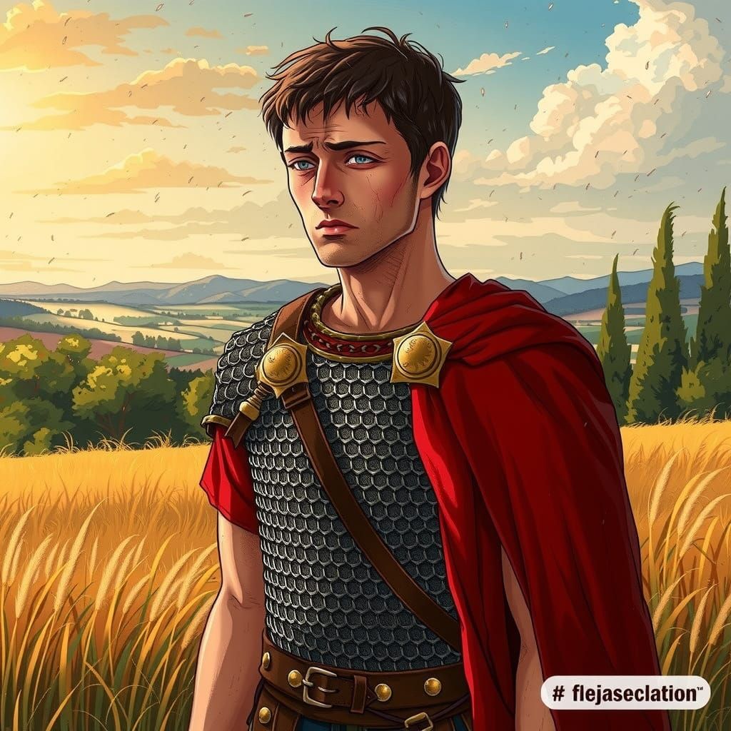 Roman Legionary in Anime Style Stands on Golden Grassland