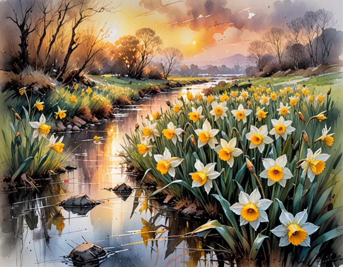 Spring Sunset: Wild Daffodils Watercolor Painting