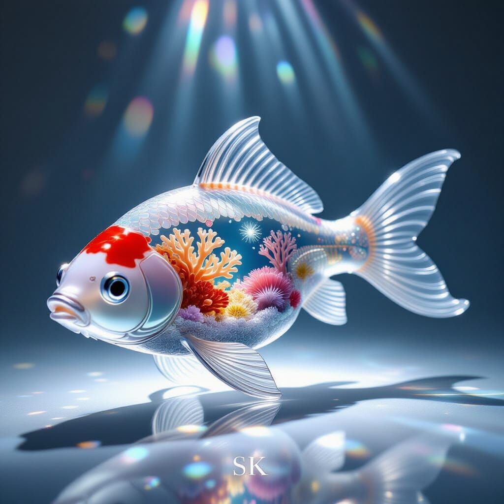 Translucent Koi Fish Sculpture with Coral Reef Interior