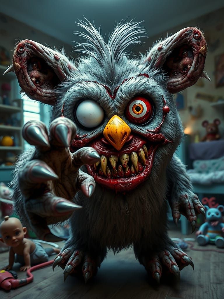 Distorted Furby Abomination in Cyberpunk Horror