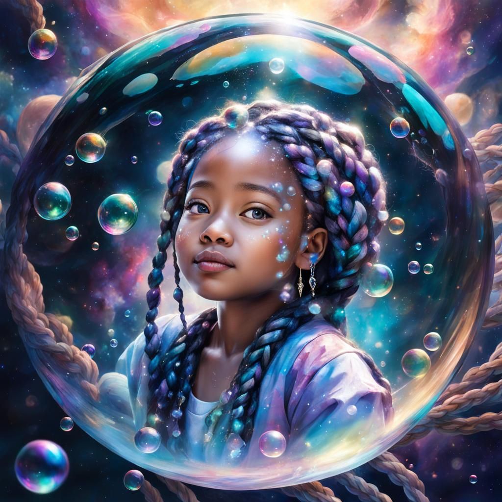 Ethereal Bubble Galaxy with Toddler in Watercolor Style