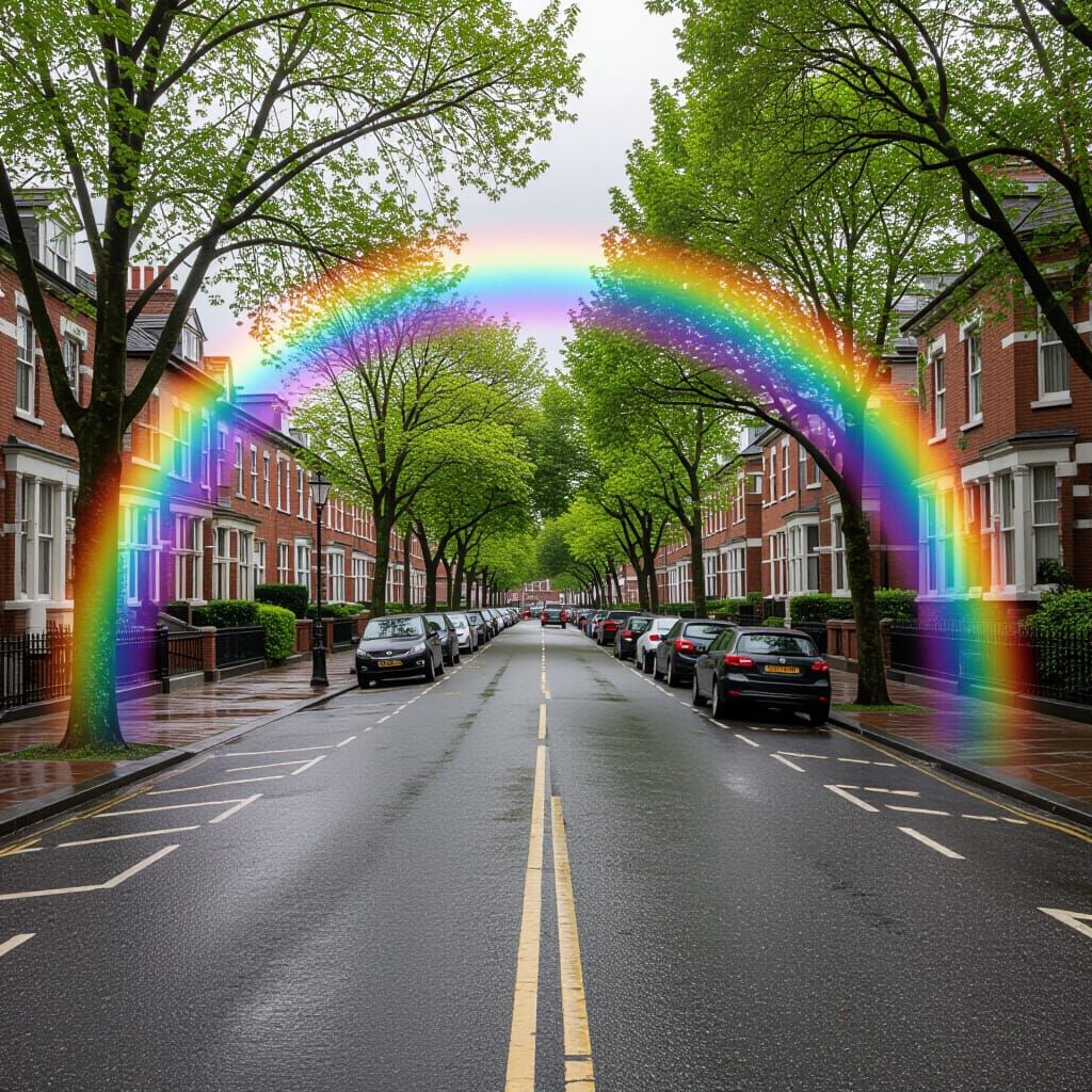 Rainbow Overlay Transforms Placid Street Scene