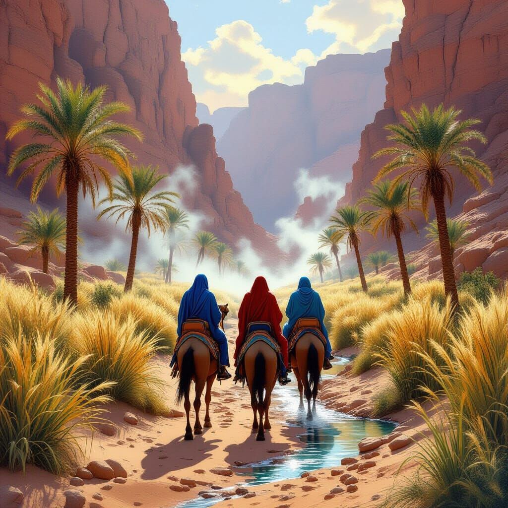 Men on Camels in Misty Wadi with Red Cliffs