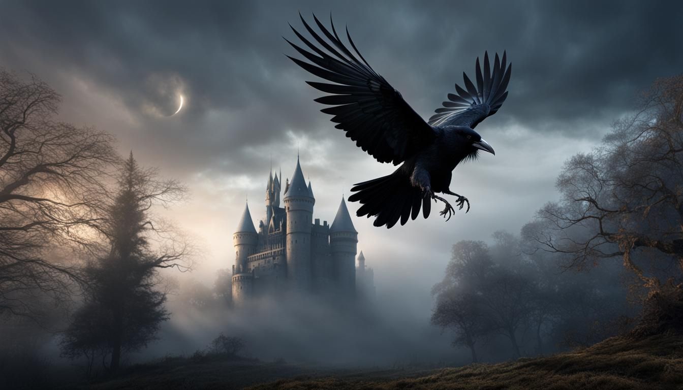 Raven Soaring Past Gothic Castle in Dramatic Light