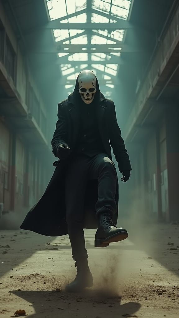 Masked Figure Kicks Up Dust in Abandoned Warehouse