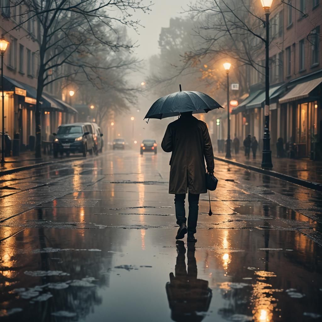 Misty Street Scene with Person and Umbrella