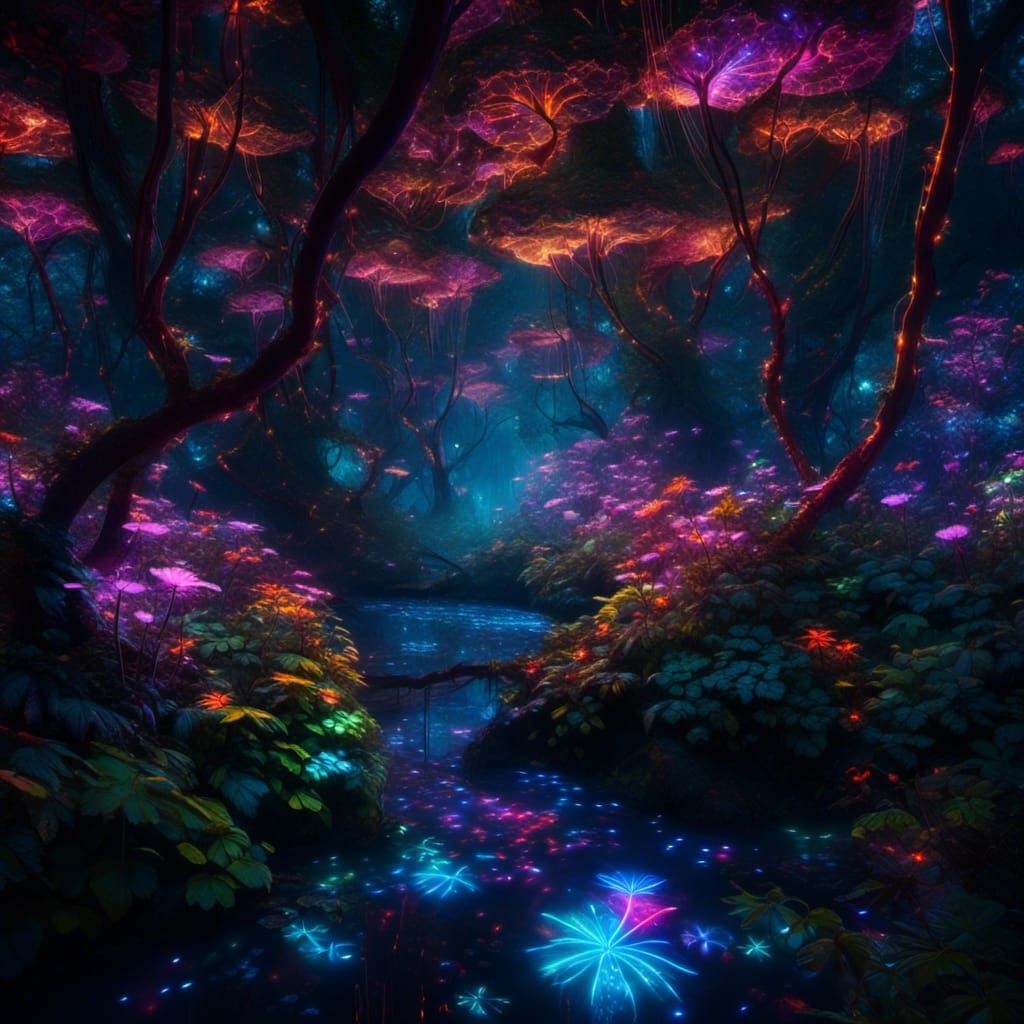 Neon Illuminated Rainforest Canopy at Night