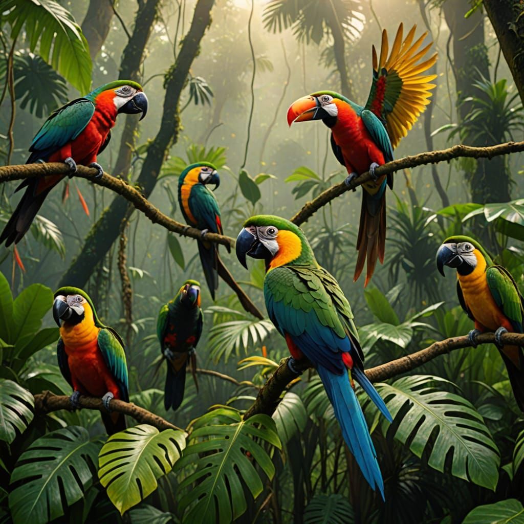 Tropical Parrots and Toucans in Misty Rainforest