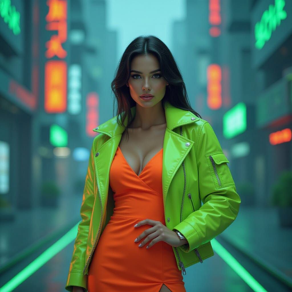 Futuristic Woman in Neon City, Hyper-Realistic Style
