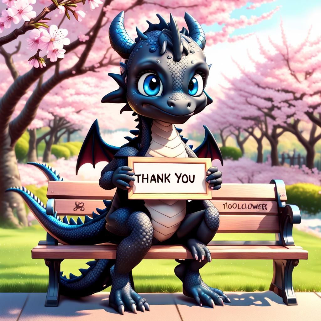 Cute Black Dragon Thanks Followers with Cherry Blossoms