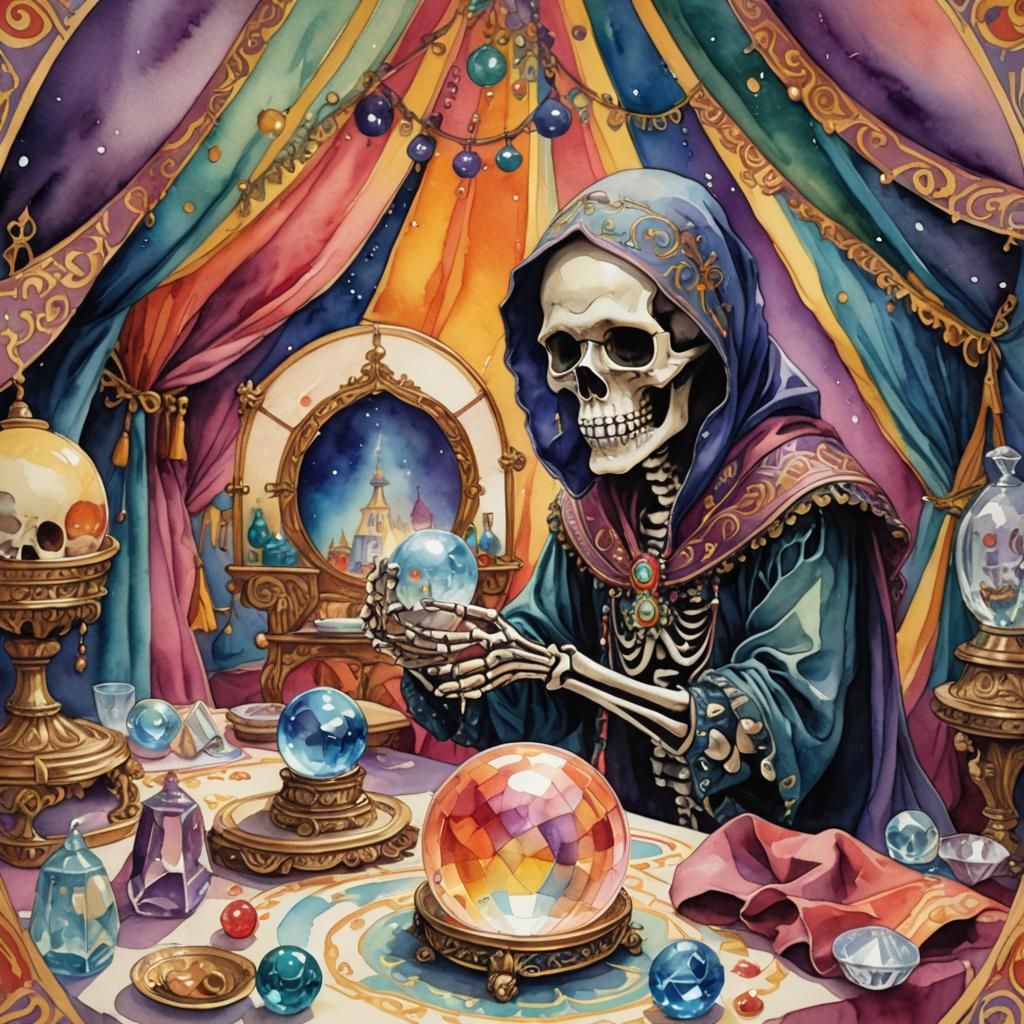 Watercolor Skeleton Fortune Teller in Tent
