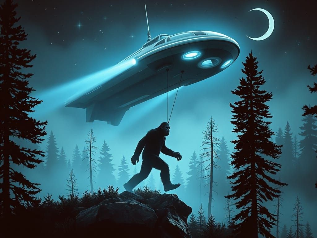 Retro-Futuristic Spaceship Abducts Bigfoot in Misty Forest