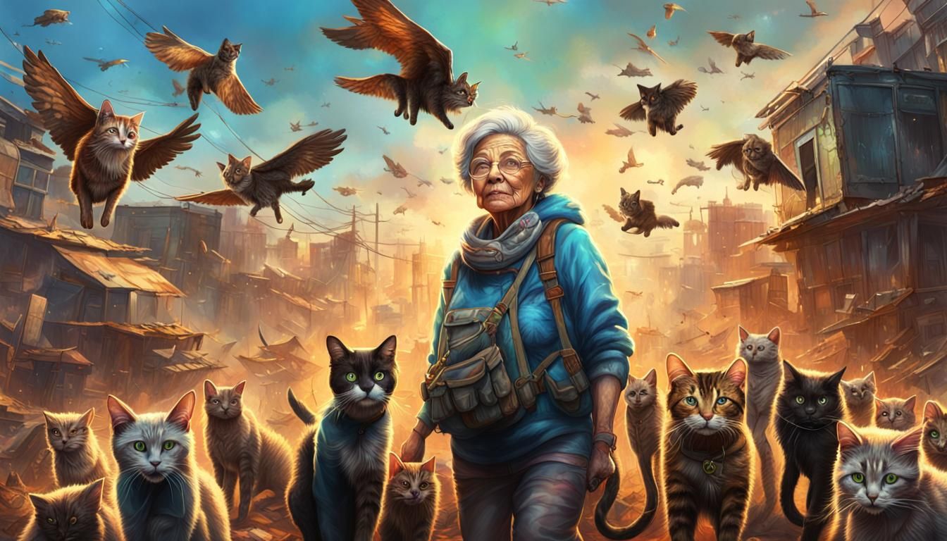 Hyperrealistic Post-Apocalyptic Granny and Flying Cats