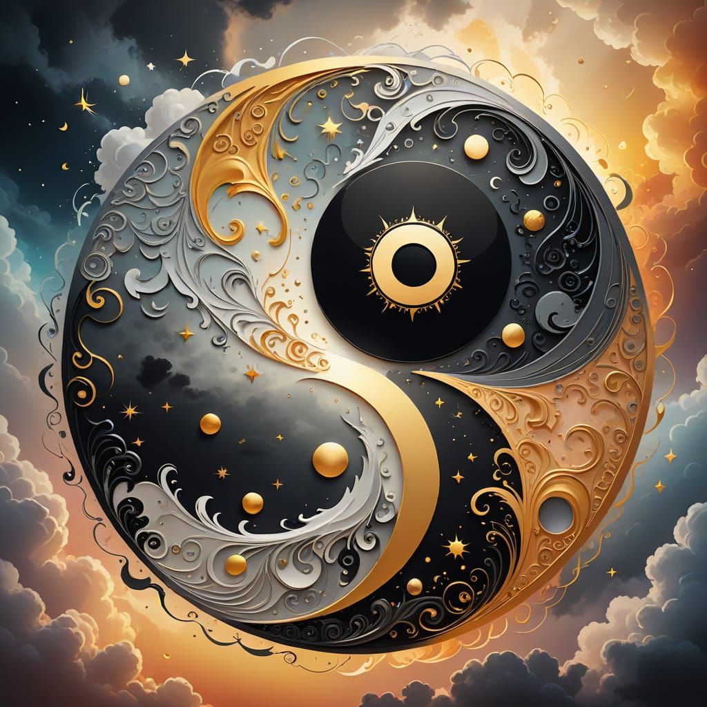 Vibrant Yin-Yang Symbol with Sun and Moon Details