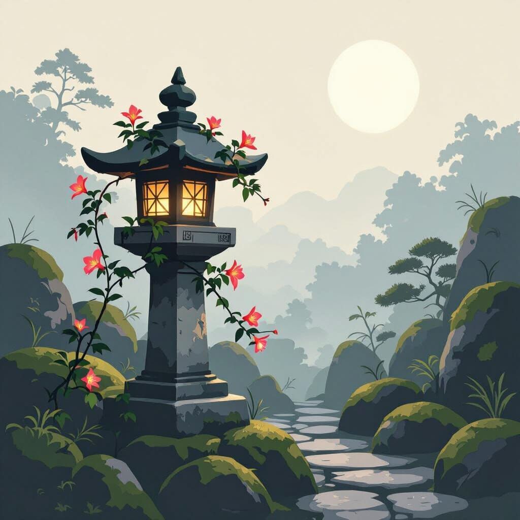 Honeysuckle Vine on Stone Lantern in Ukiyo-e Style