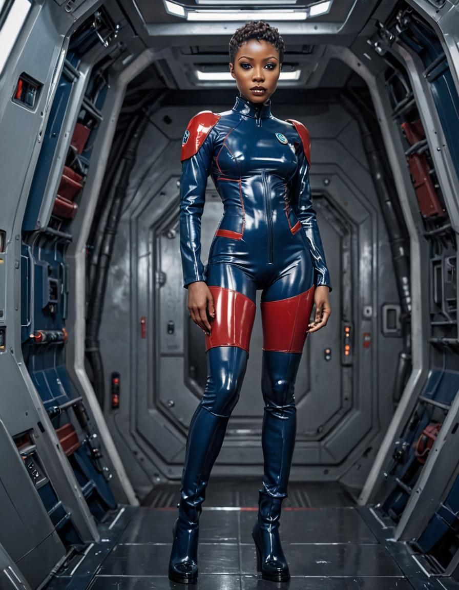 Futuristic African Spaceship Commander in Latex Uniform