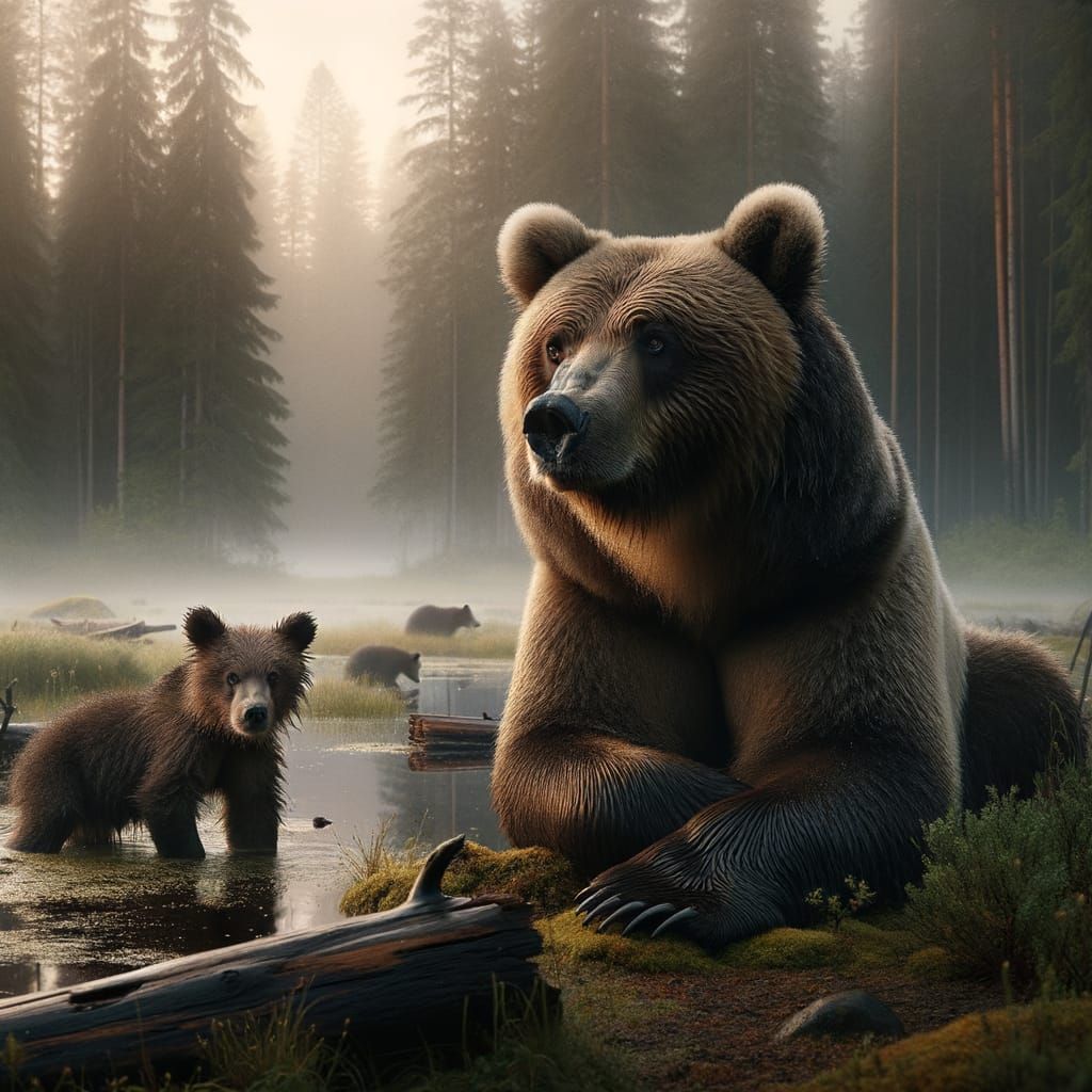 Grizzly Bear Family Portrait in Misty Forest
