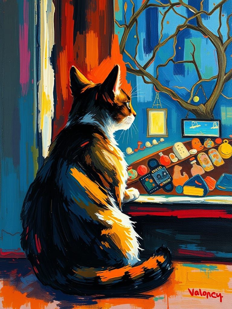 Cat Watches a Movie: Neo-Impressionist Oil Painting