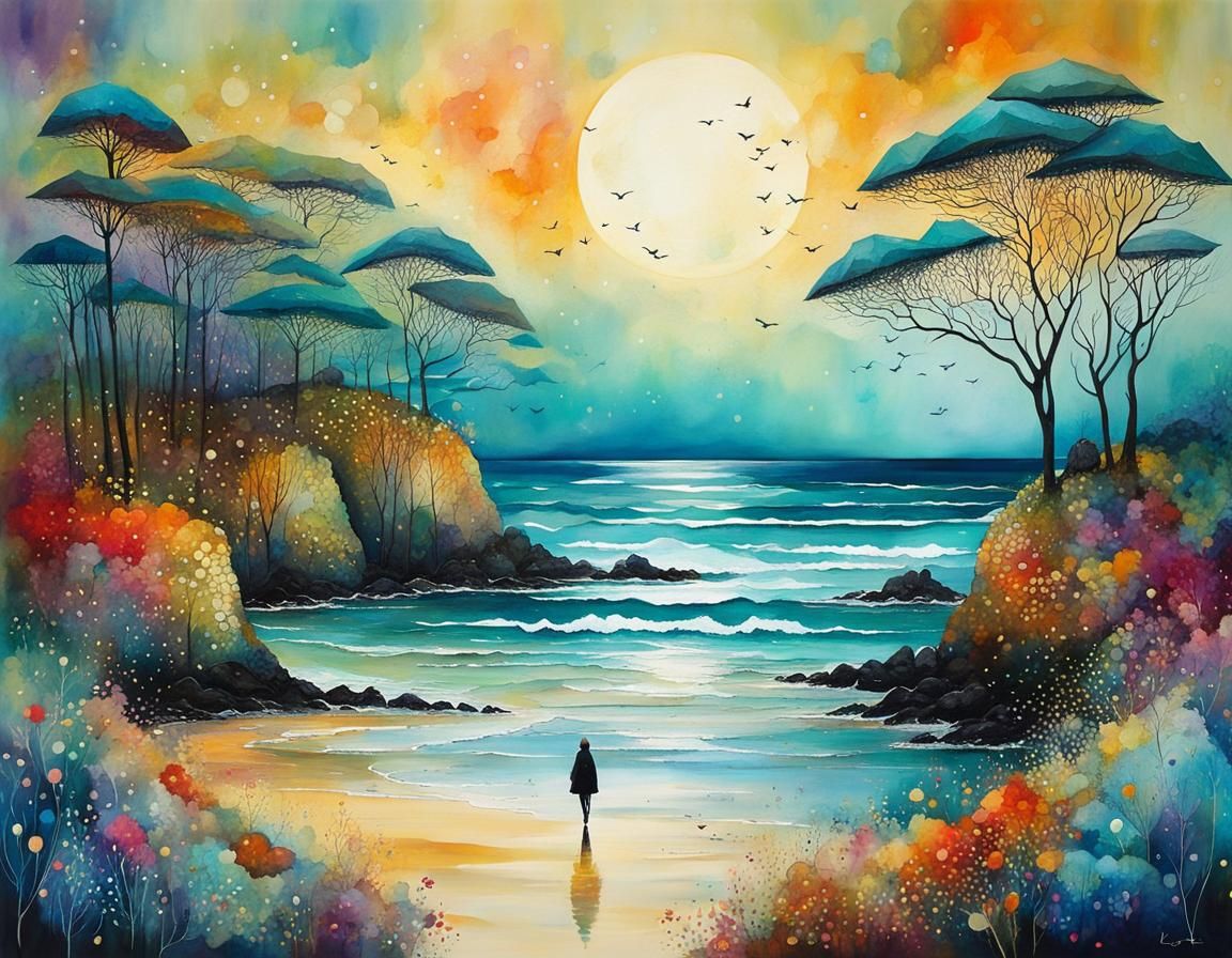 Magical Seashore Illustration with Cubist Details