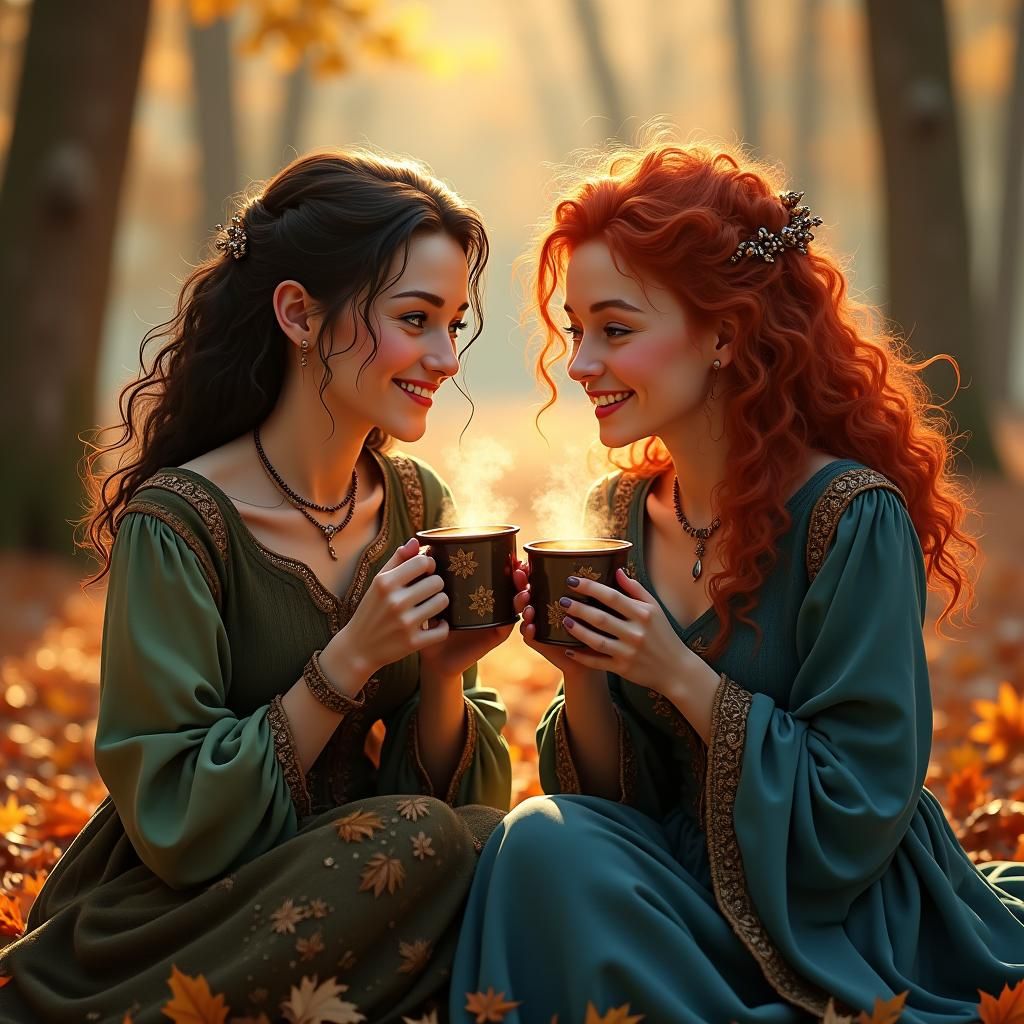 Autumnal Scene with Women Sipping Spiced Cider