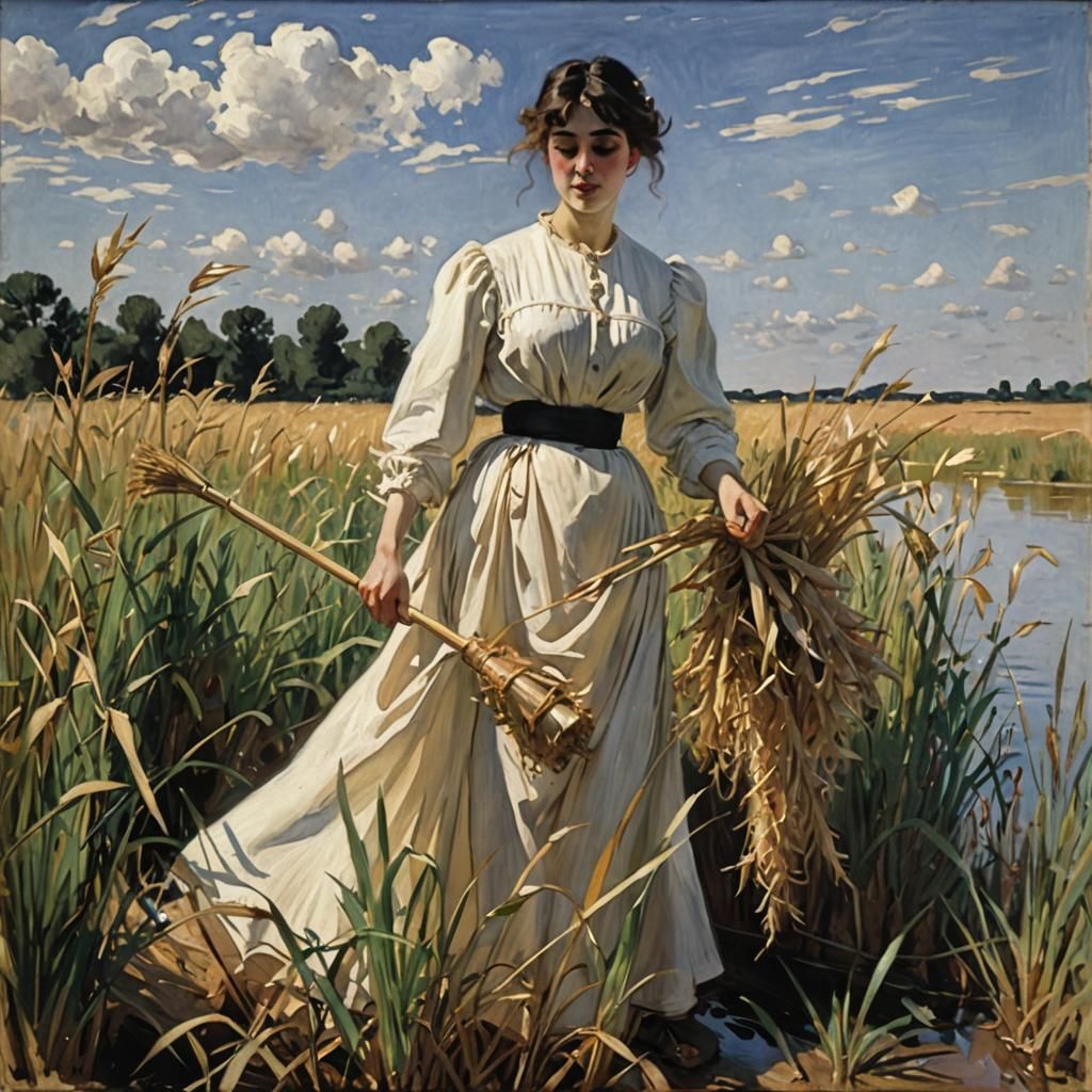 Reeds Harvesting Maiden in Impressionist Style