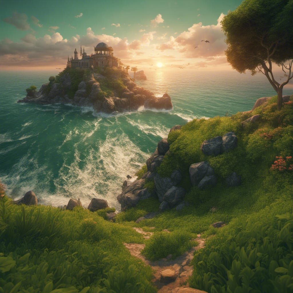 Green Landscape at Sunset: Detailed Matte Painting