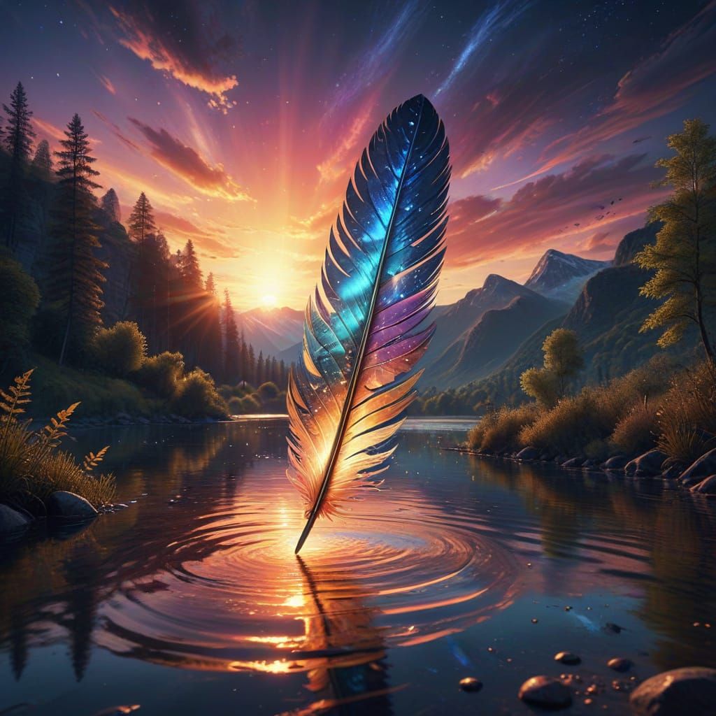 Surreal Cosmic Landscape with Radiant Feather Illuminated at...