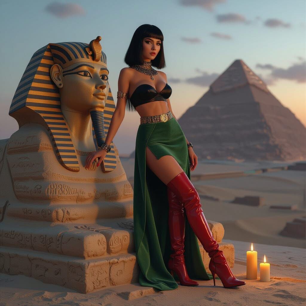 Egyptian Pharaoh's Wife by Sphinx in Digital Art Style