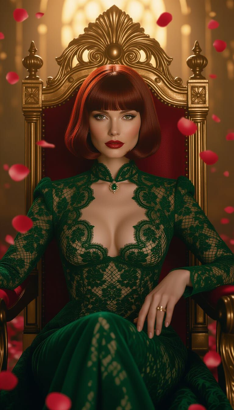 Burgundy Bob Beauty on Throne in Golden Light