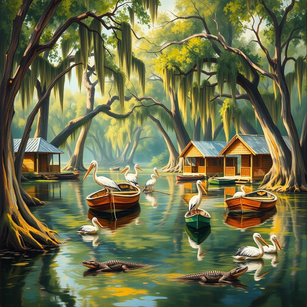 Warm Cypress Bayou Scene in Vibrant Impressionist Style