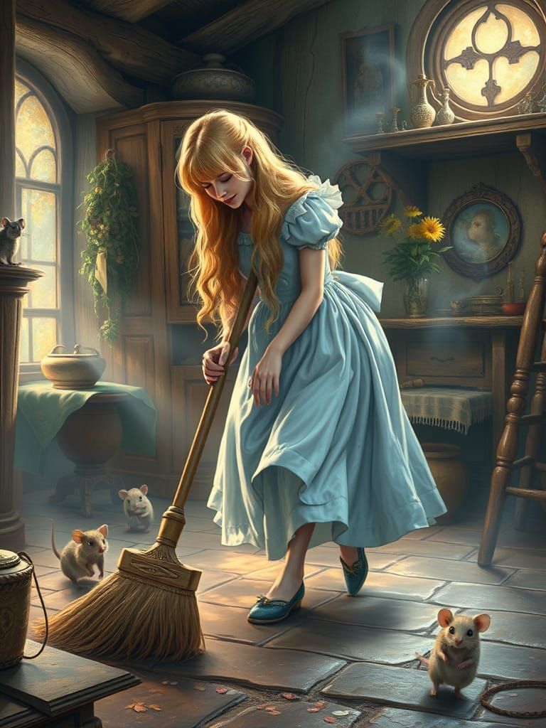 Cinderella in Whimsical Maids Dress, Sweeping the Floor in a...