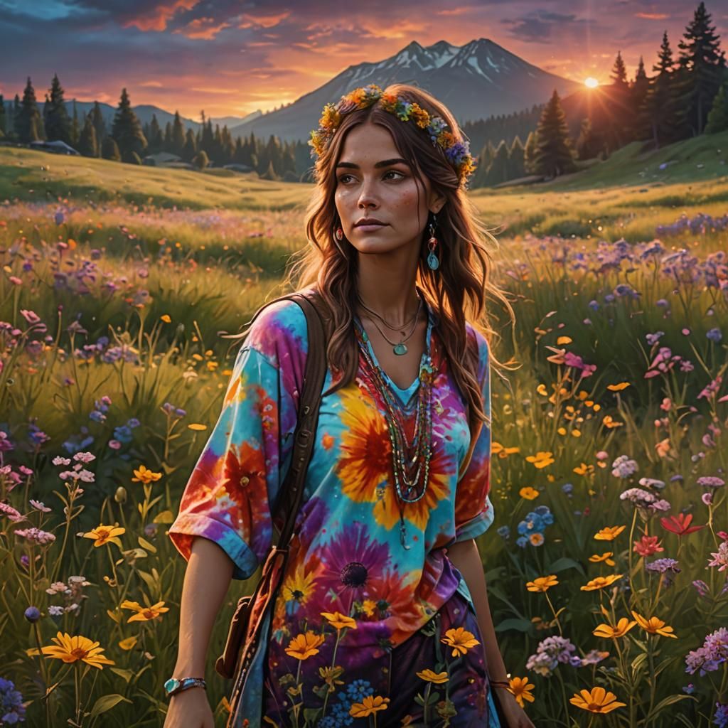 Hippie Girl in Wildflower Meadow at Sunset