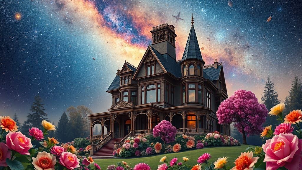 Ethereal Victorian Mansion Amidst Cosmic Bloom