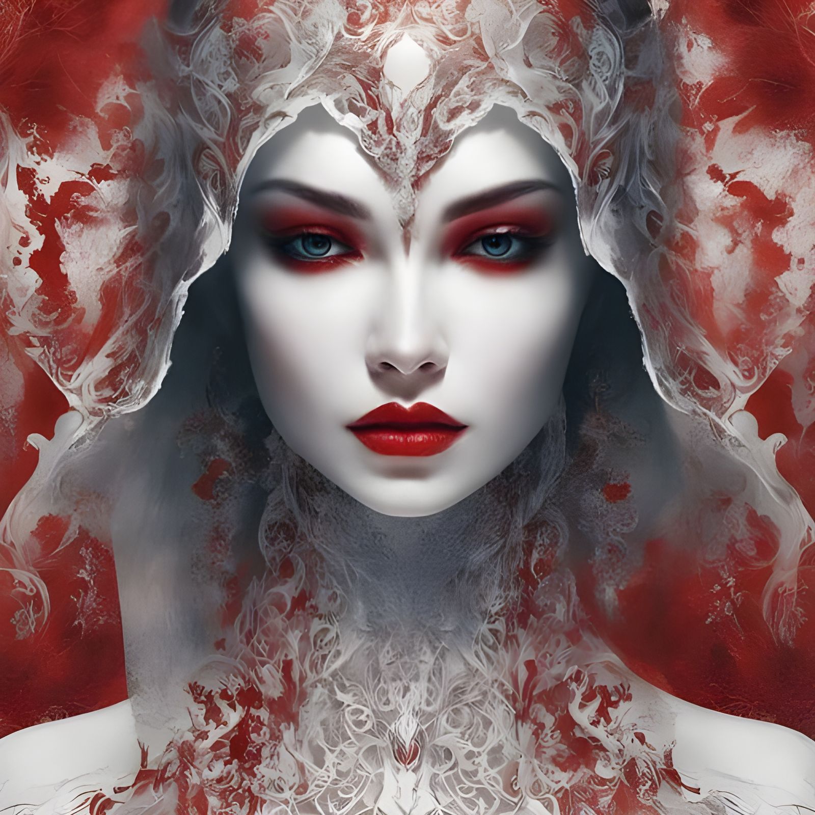 Ghostly Porcelain Beauty with Devilish Red Patterns