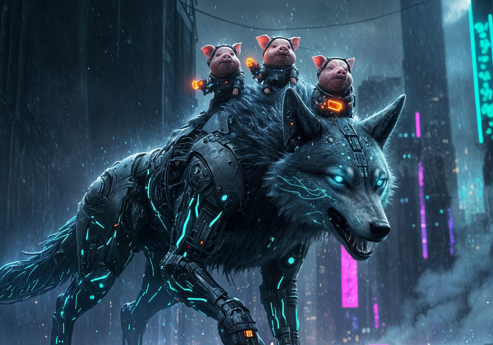 Cyberpunk Wolf Guardian and Armored Pigs