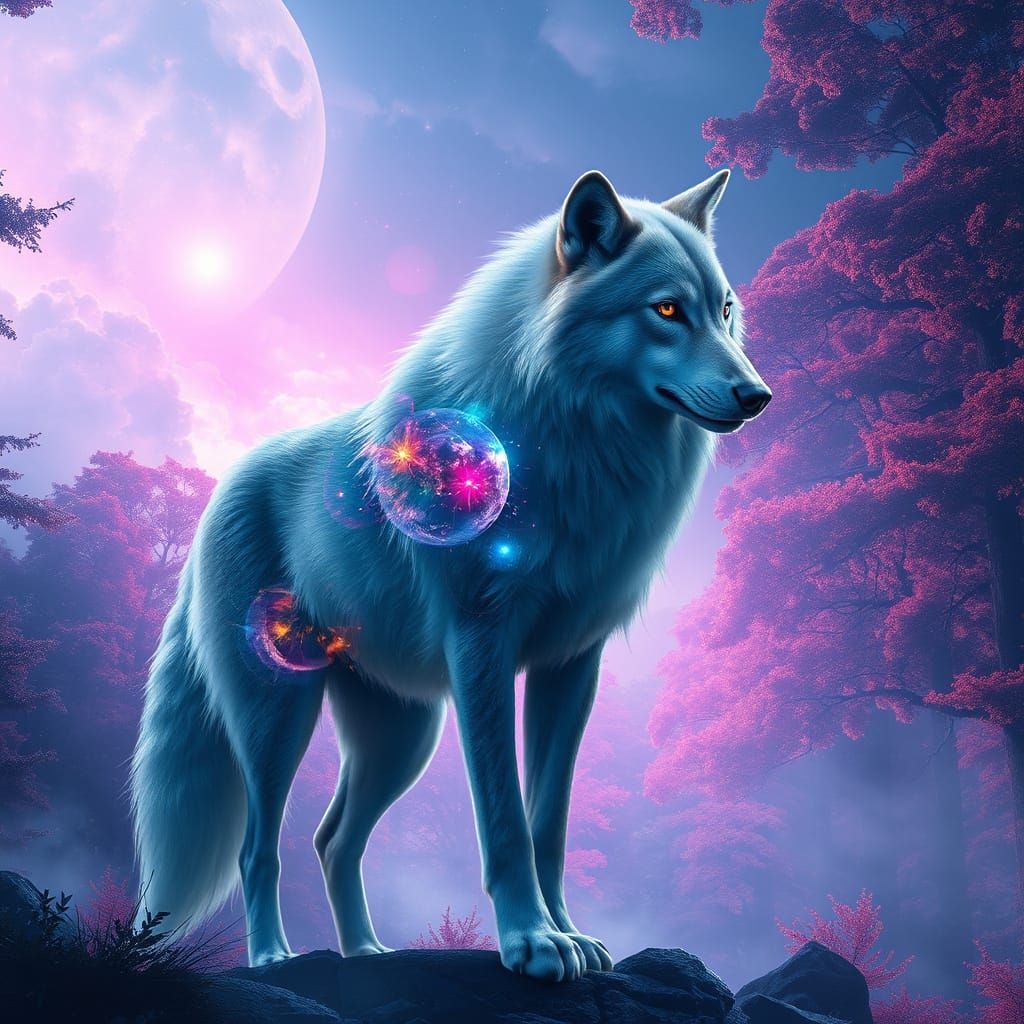 Ethereal Wolf in Dreamlike Forest, Double Exposure Masterpie...