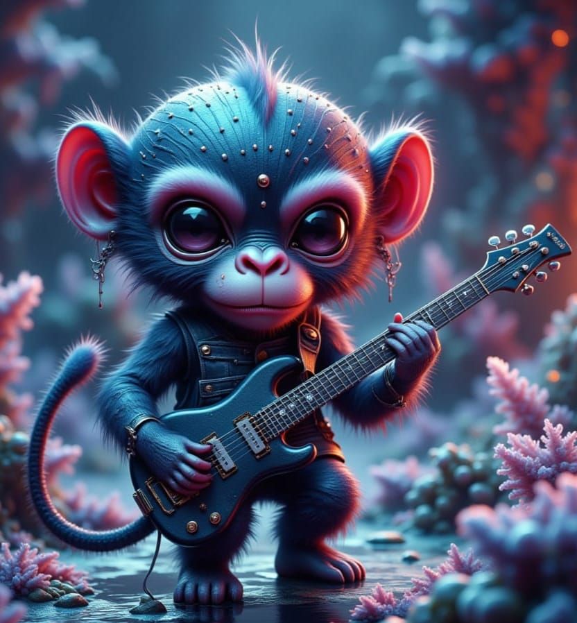 "Whimsical Chibi Kawaii monkey jamming"