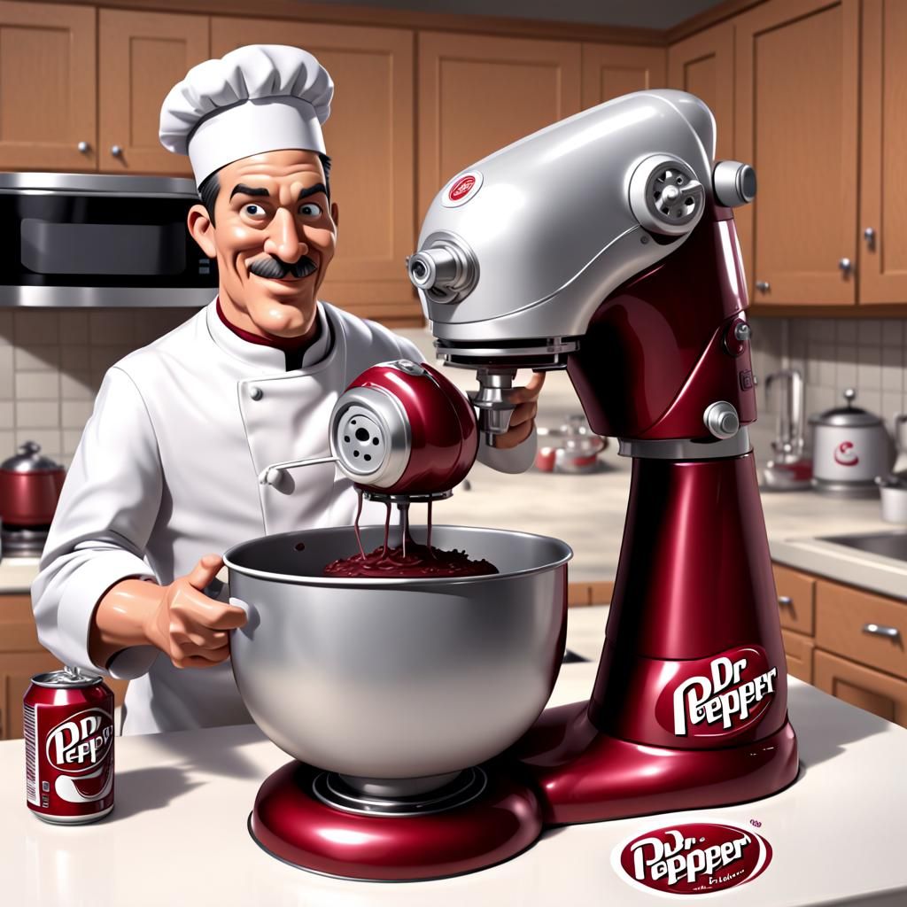 CGI cartoon "Dr pepper soda can", as a cheft baker, using a kitchen aid mixer  machine,  making a cake