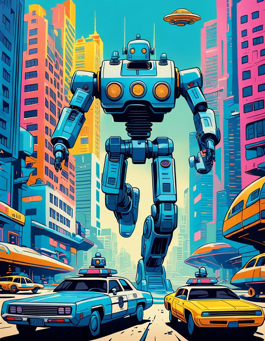 Vintage Robot Runs in Futuristic City, Pop Art Style